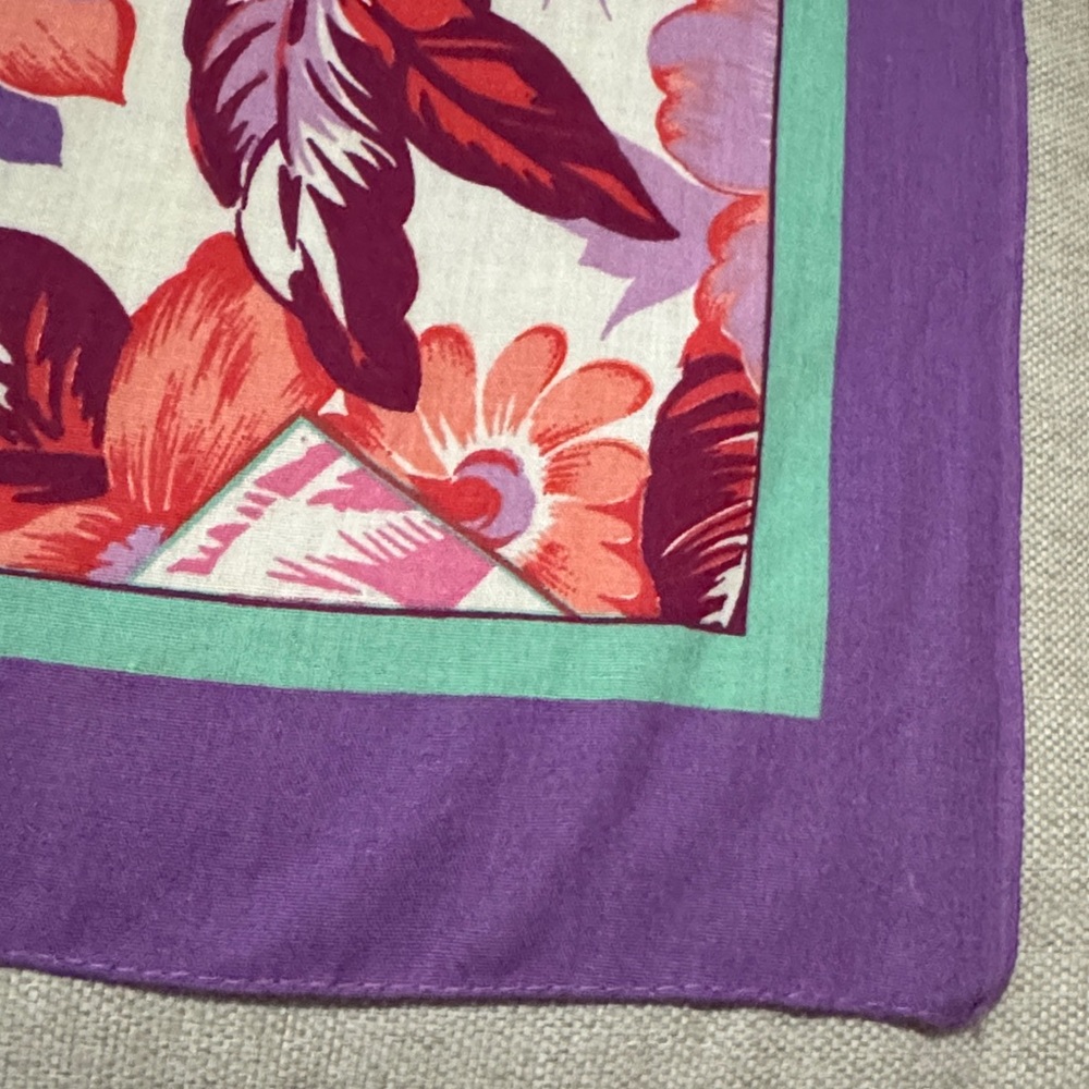 Vintage Cotton Blend Tropical Print Scarf-21x22-Purple/Pink/Turquoise - Picture 7 of 11